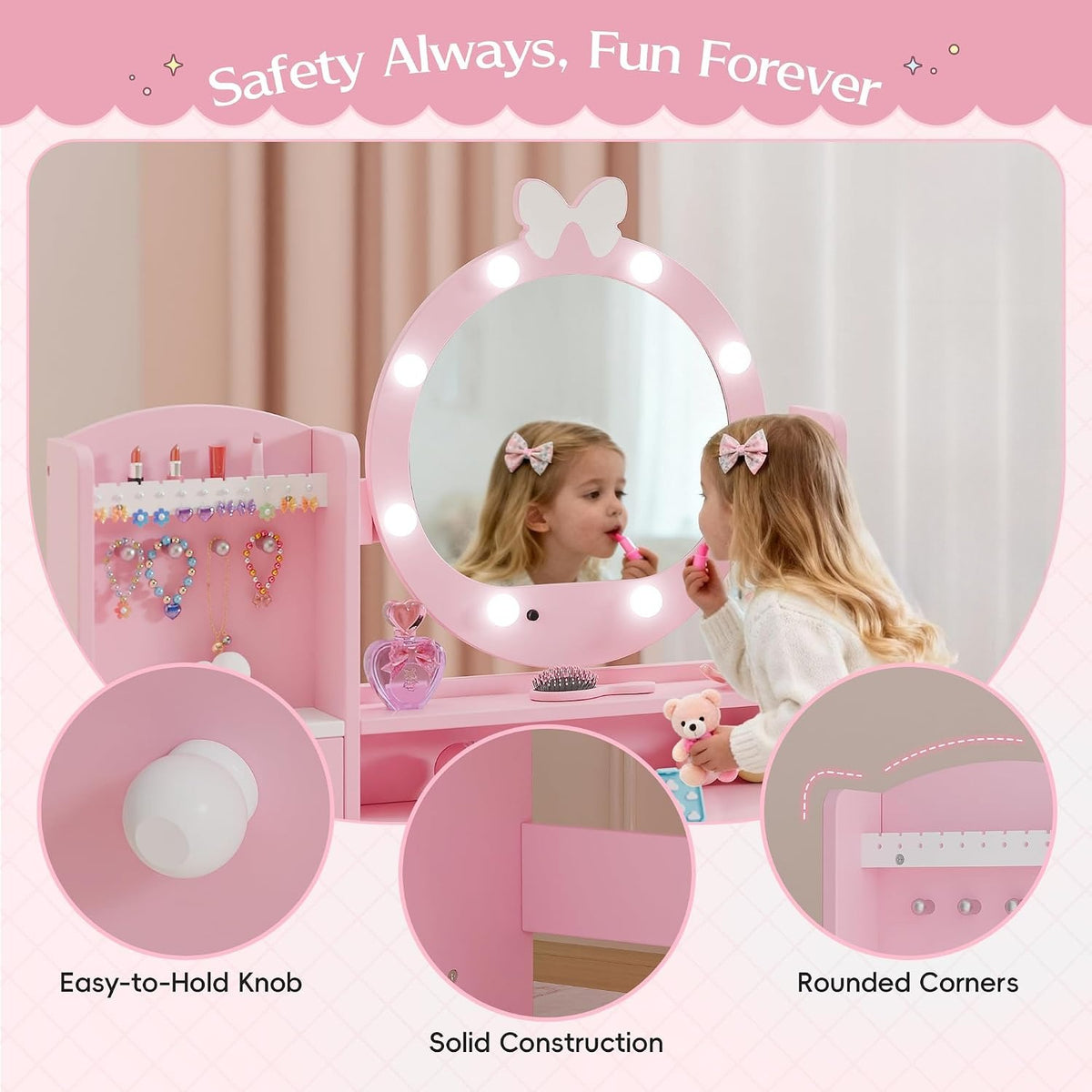 Pink Wooden Princess Kids Vanity Set