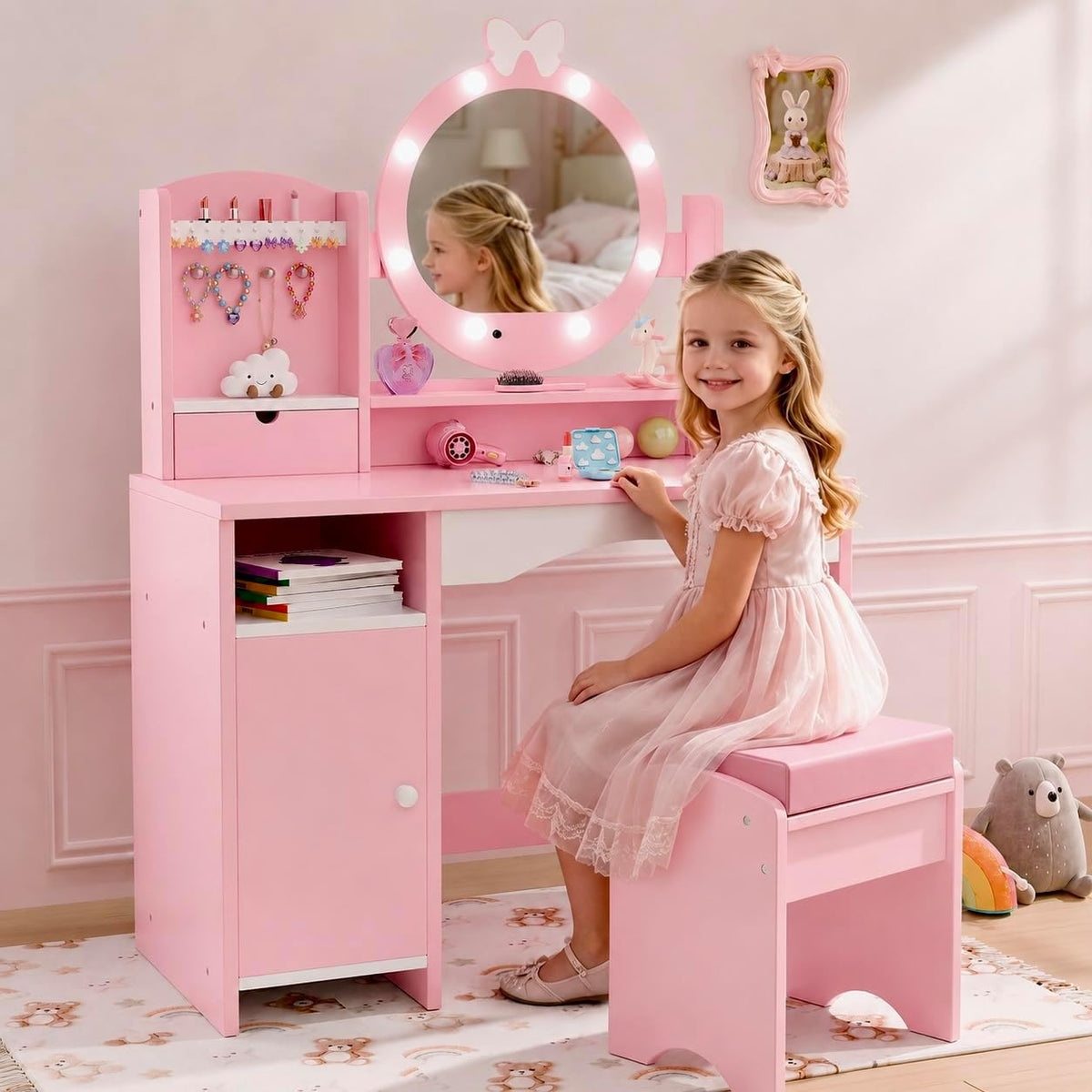 Pink Wooden Princess Kids Vanity Set