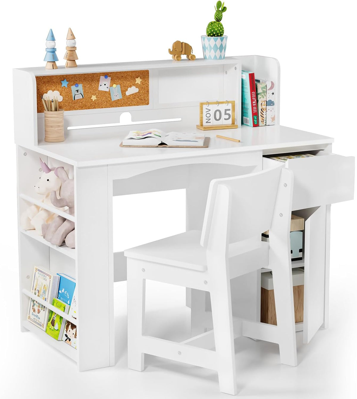 White Kids Desk Chair Set With Bookshelf