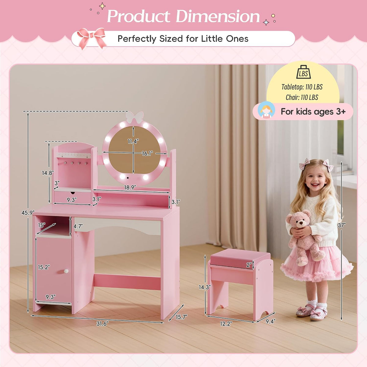 Pink Wooden Princess Kids Vanity Set