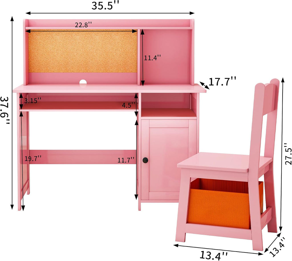Pink Kids Desk Chair Set With Cork Board & Drawer