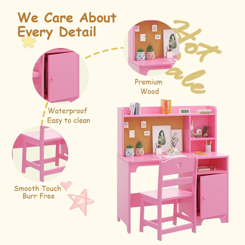 Pink Kids Desk Chair Set With Hutch