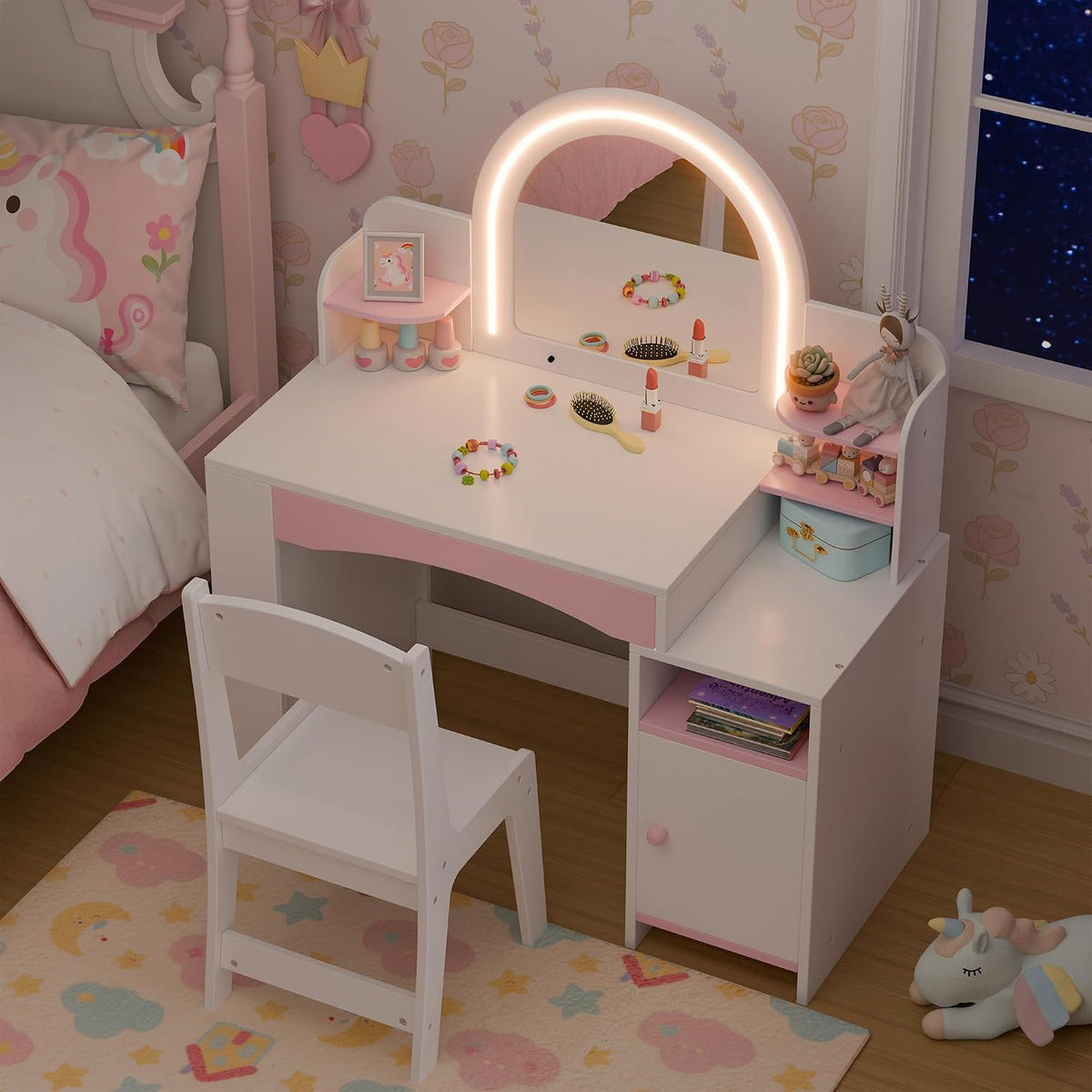 White Multi-Shelf Kids Lighted Vanity Set