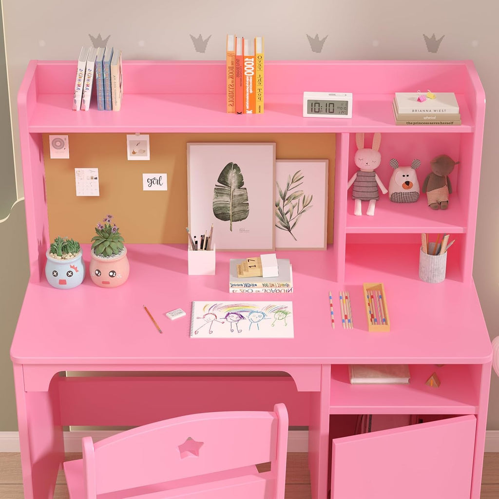 Pink Kids Desk Chair Set With Hutch