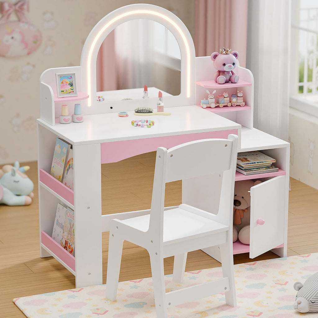 White Multi-Shelf Kids Lighted Vanity Set