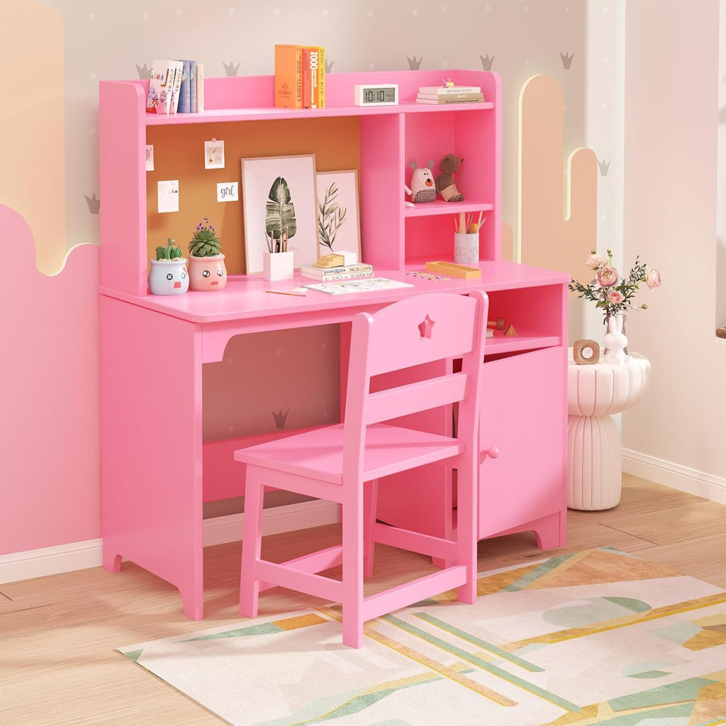 Pink Kids Desk Chair Set With Hutch