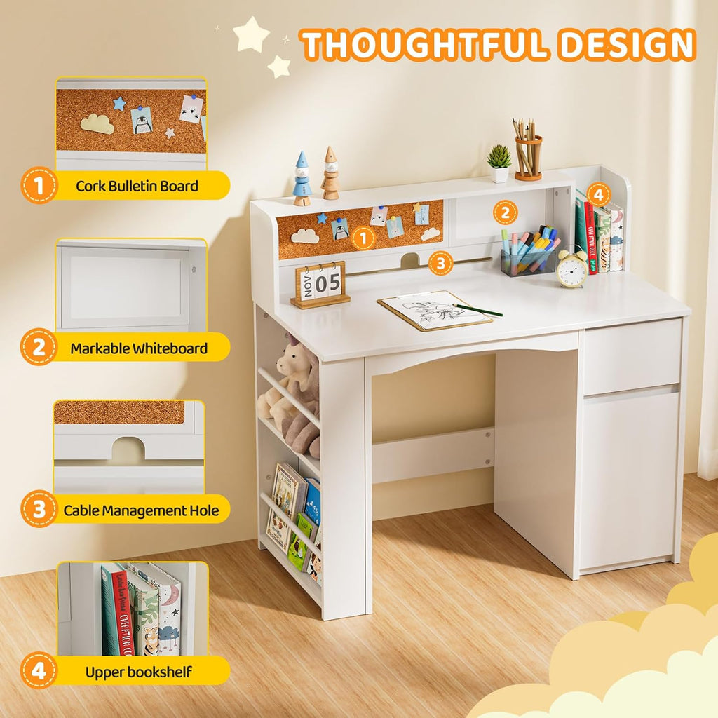 White Kids Desk Chair Set With Bookshelf