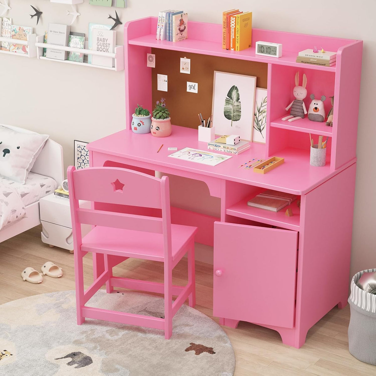 Pink Kids Desk Chair Set With Hutch
