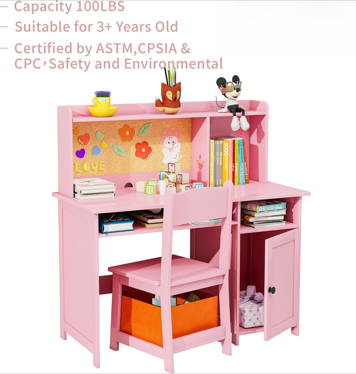 Pink Kids Desk Chair Set With Cork Board & Drawer
