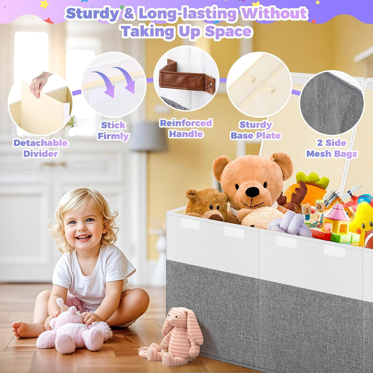 White Gray Divided Foldable Toy Chest