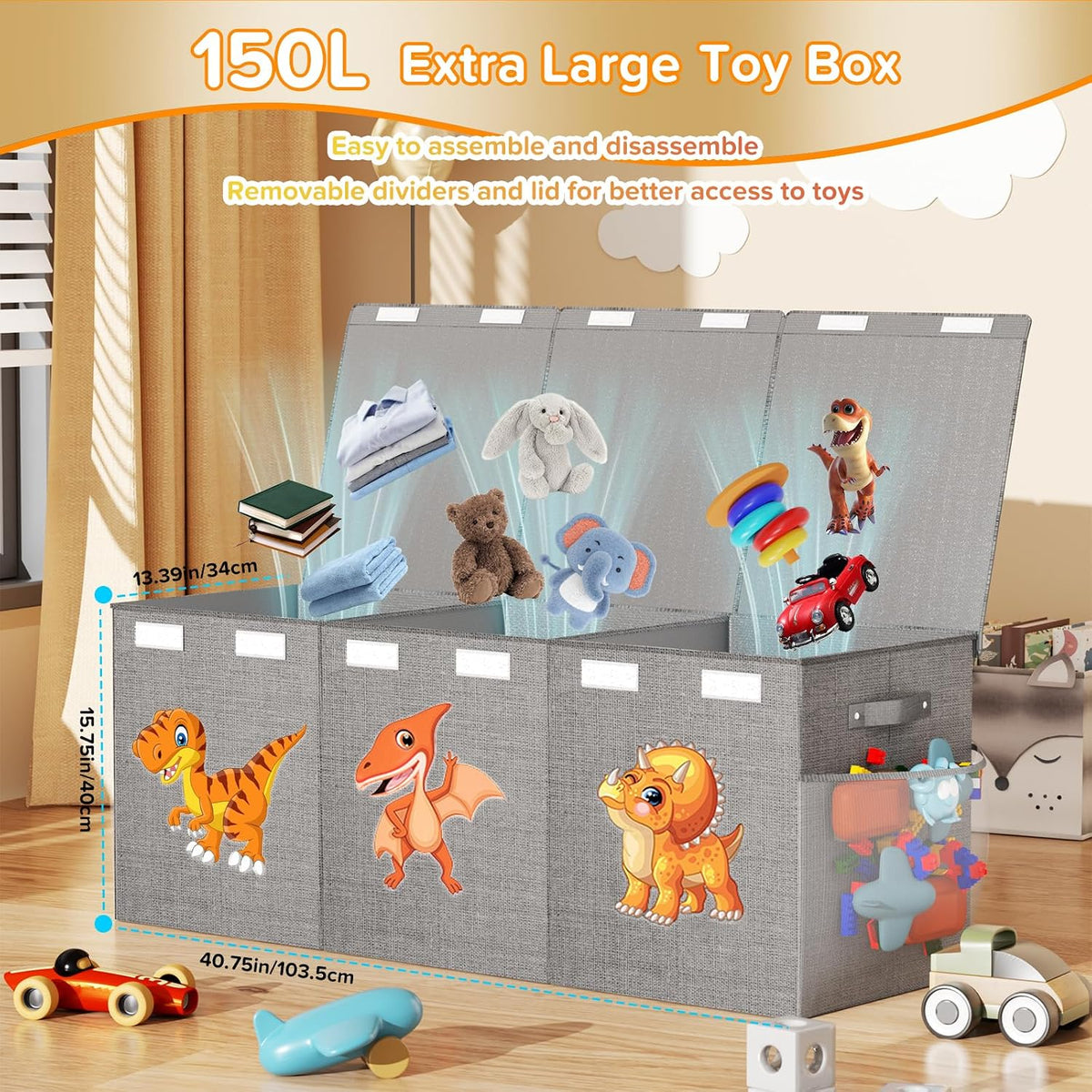 Gray Dinosaur Large Foldable Toy Chest