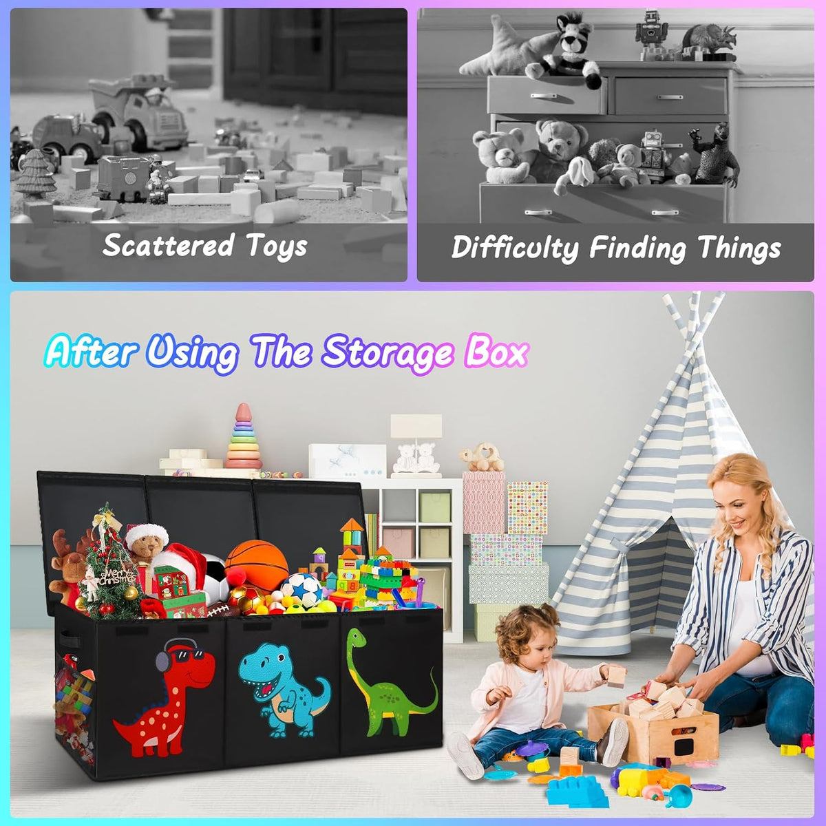 Black Divided Foldable Large Toy Chest