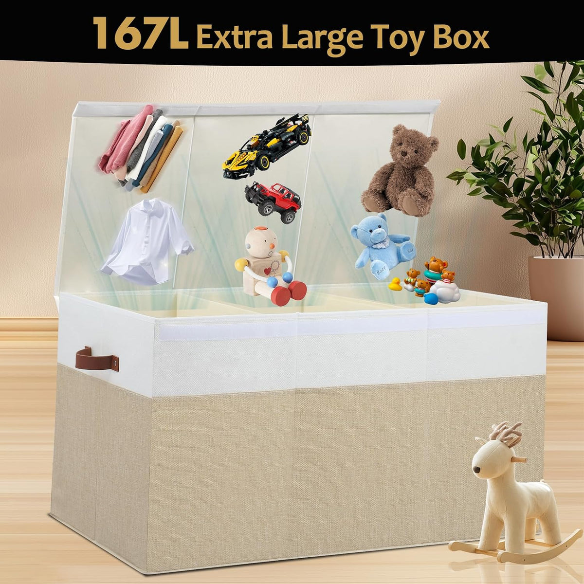 Beige White Divided Foldable Toy Chest