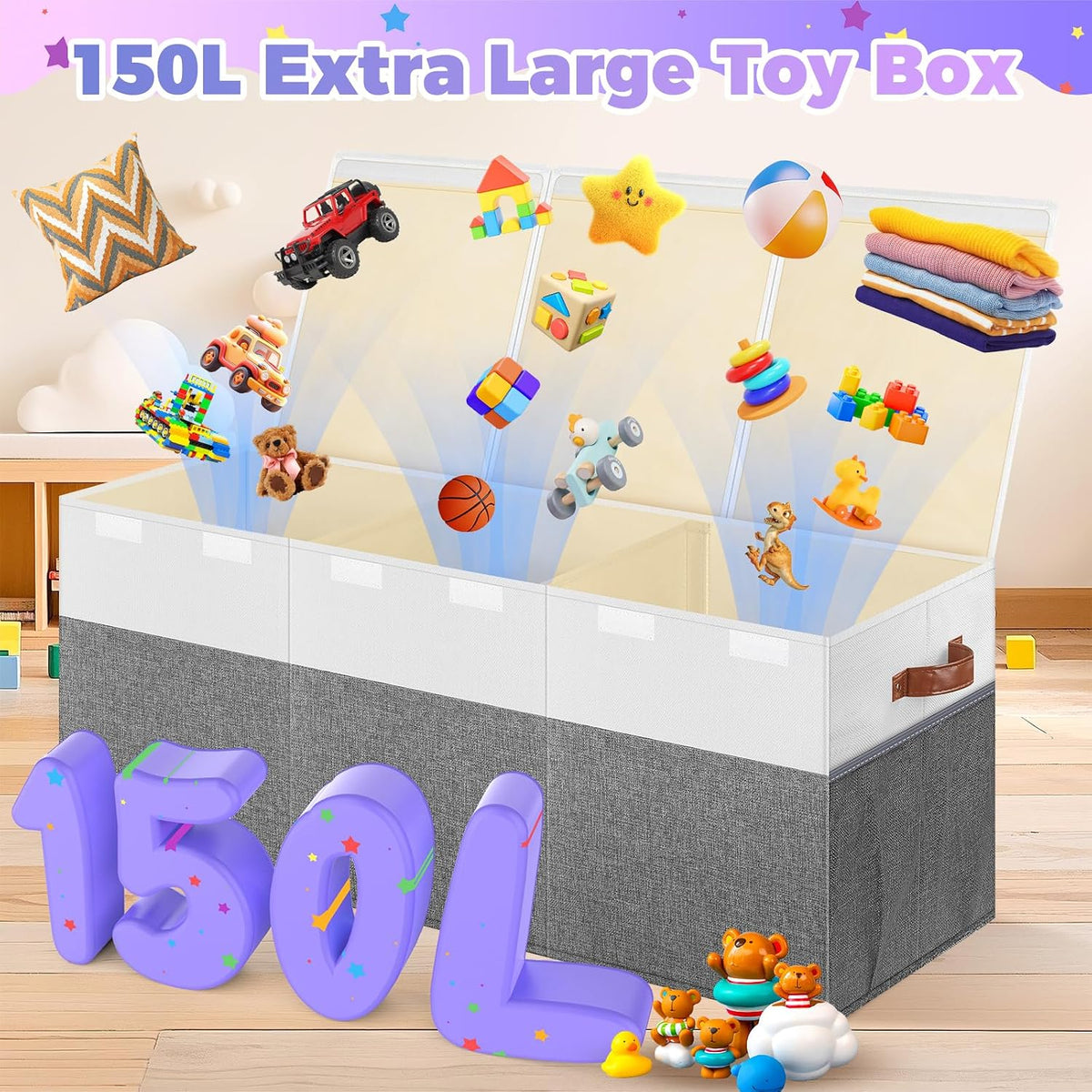 White Gray Divided Foldable Toy Chest