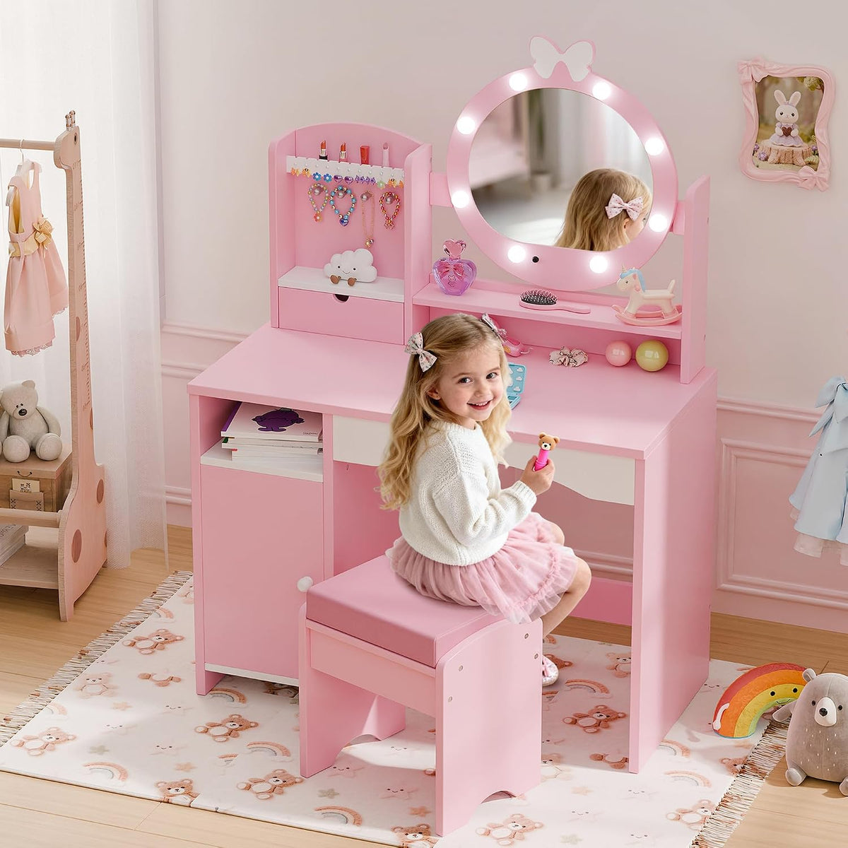 Pink Wooden Princess Kids Vanity Set