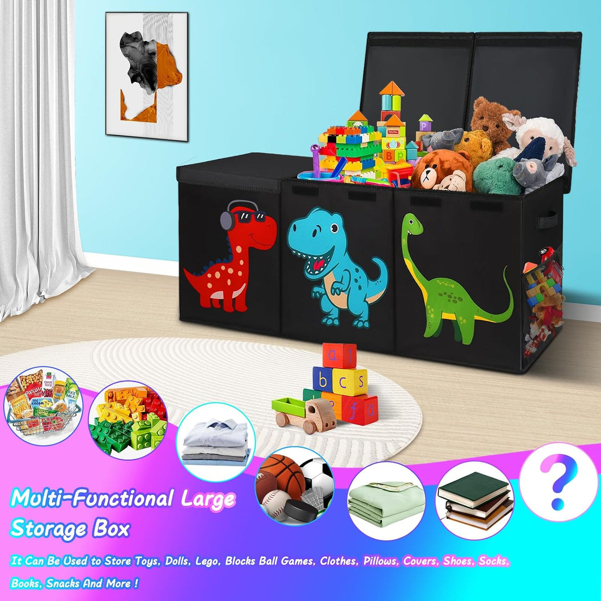 Black Divided Foldable Large Toy Chest
