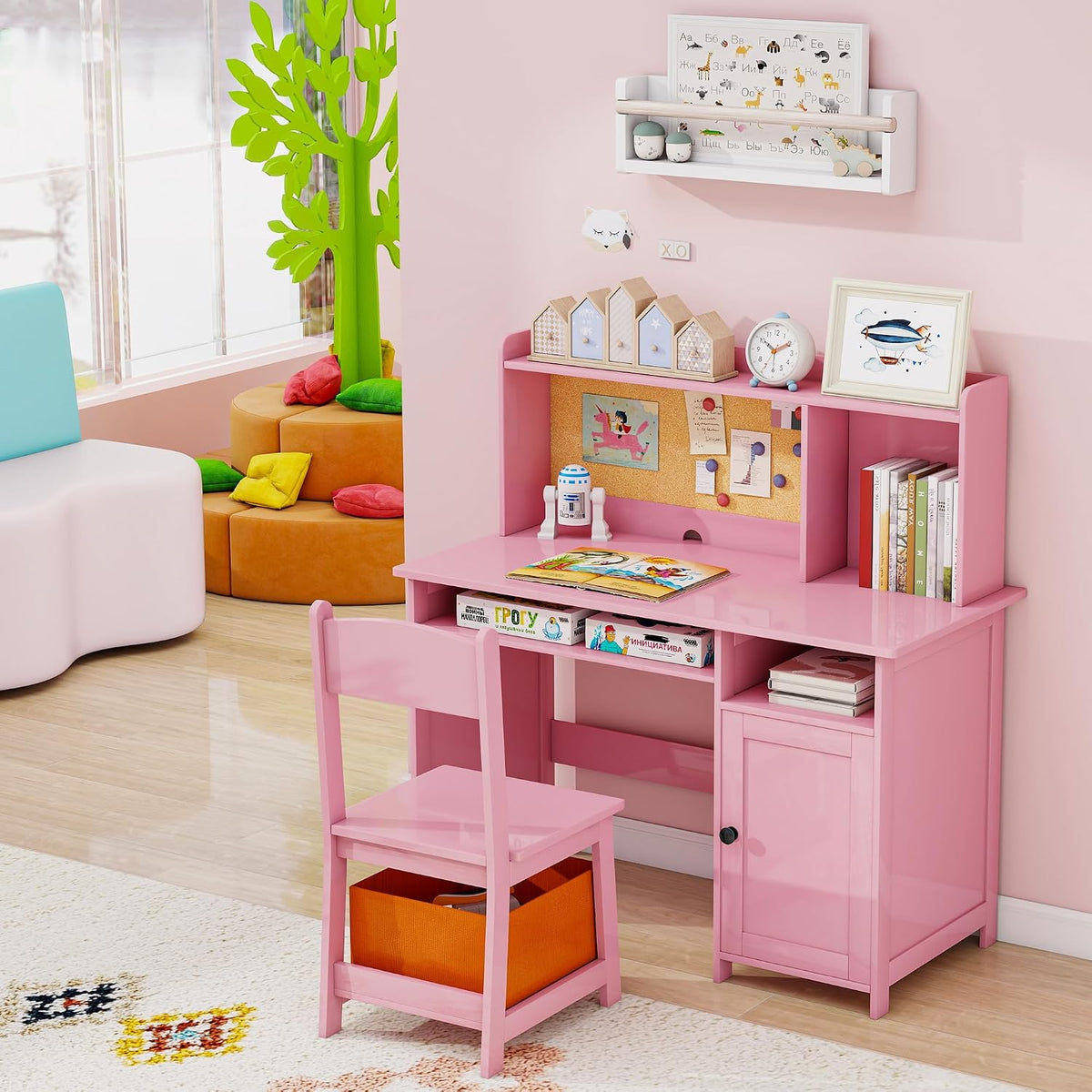 Pink Kids Desk Chair Set With Cork Board & Drawer