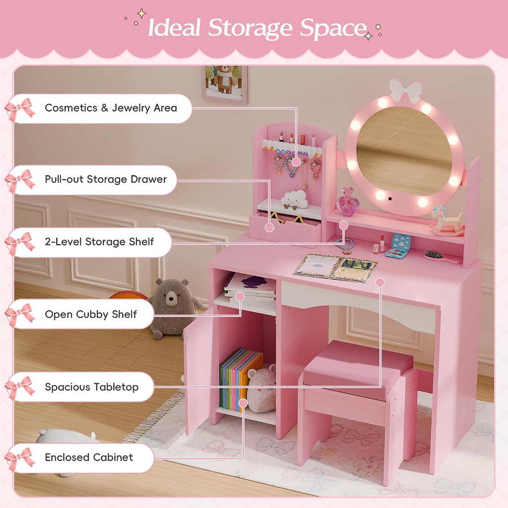 Pink Wooden Princess Kids Vanity Set