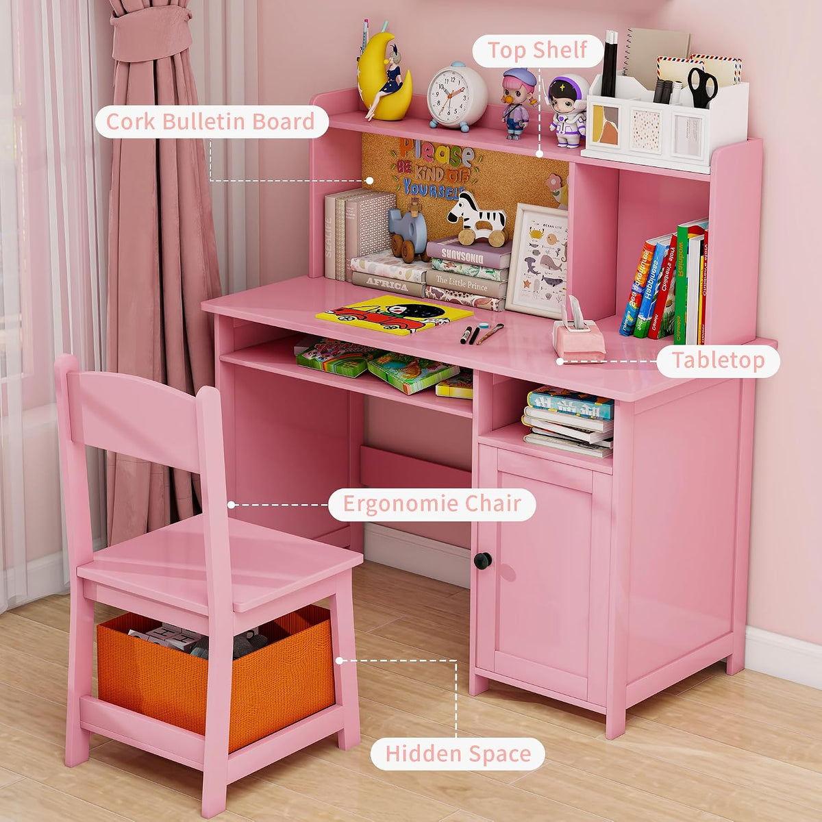 Pink Kids Desk Chair Set With Cork Board & Drawer