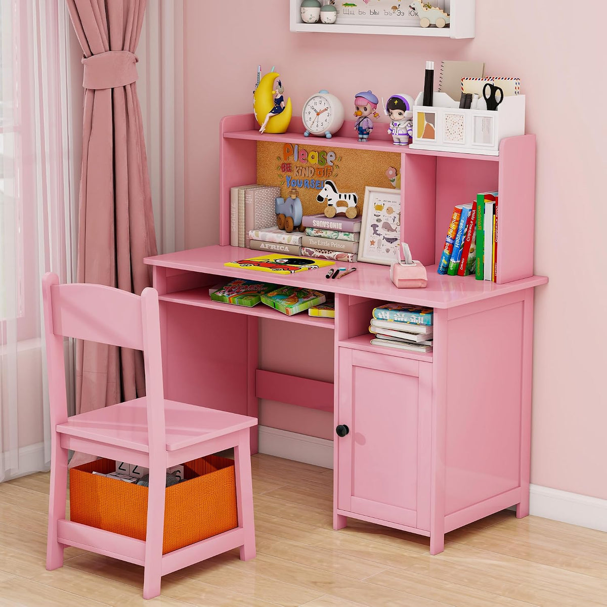 Pink Kids Desk Chair Set With Cork Board & Drawer