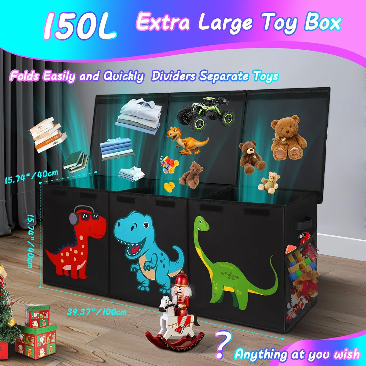 Black Divided Foldable Large Toy Chest