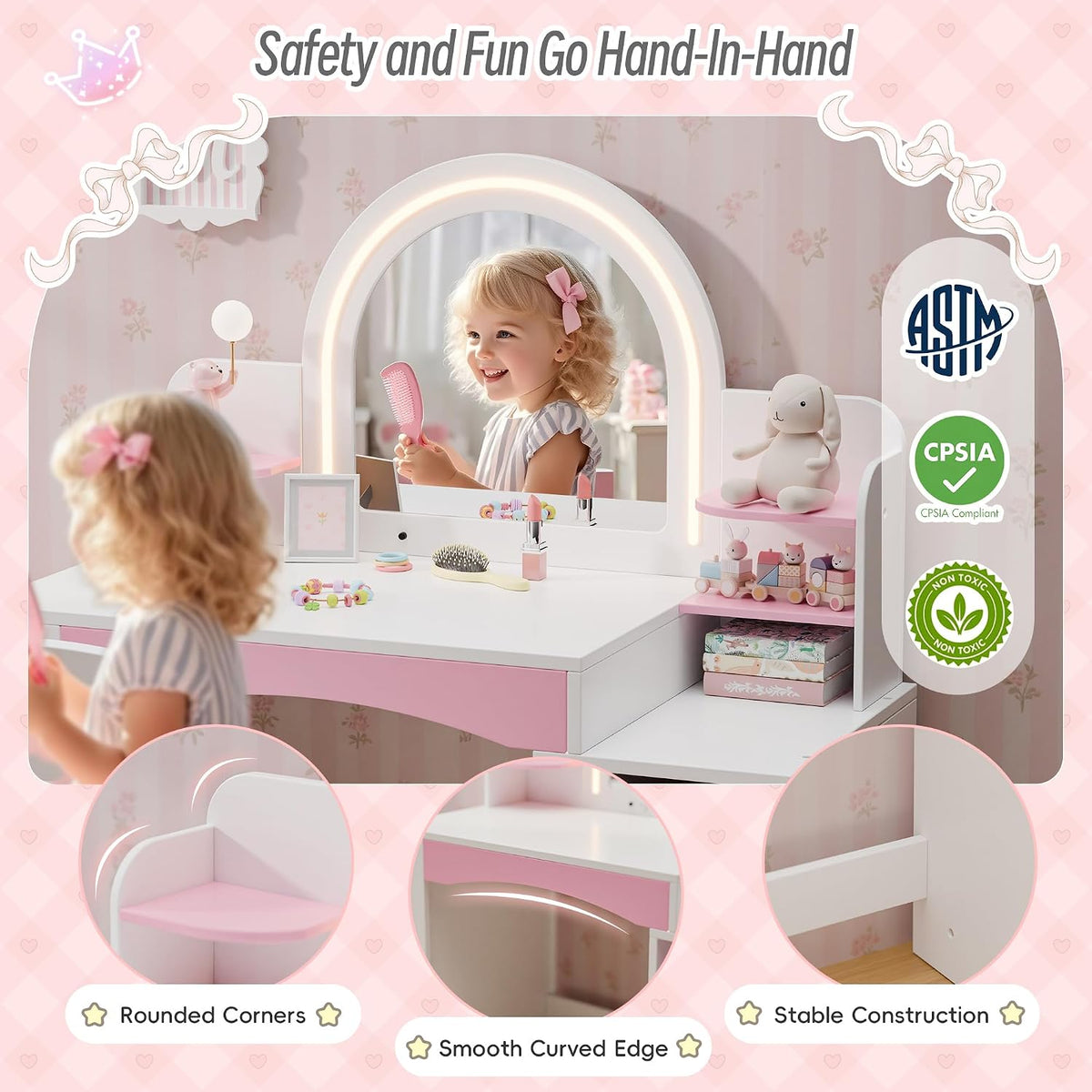 White Multi-Shelf Kids Lighted Vanity Set